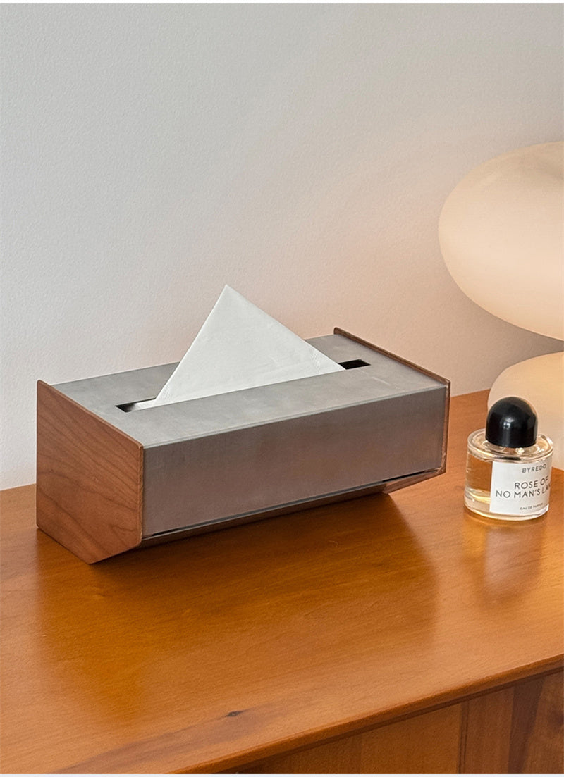 Modern Irregular Stainless Steel & Wood Tissue Box -  Home Office Desk Organizer