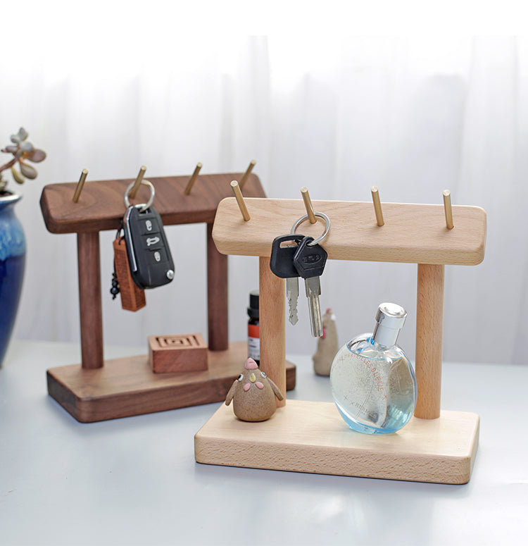 Modern Wooden Desk Organizer with Brass Hooks -  Shelf for Home & Office Storage