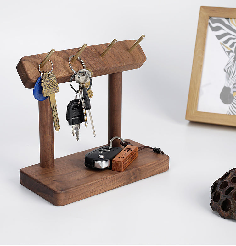 Modern Wooden Desk Organizer with Brass Hooks -  Shelf for Home & Office Storage