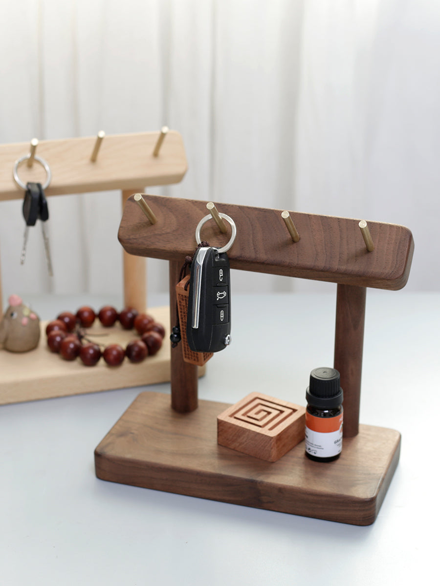 Modern Wooden Desk Organizer with Brass Hooks -  Shelf for Home & Office Storage