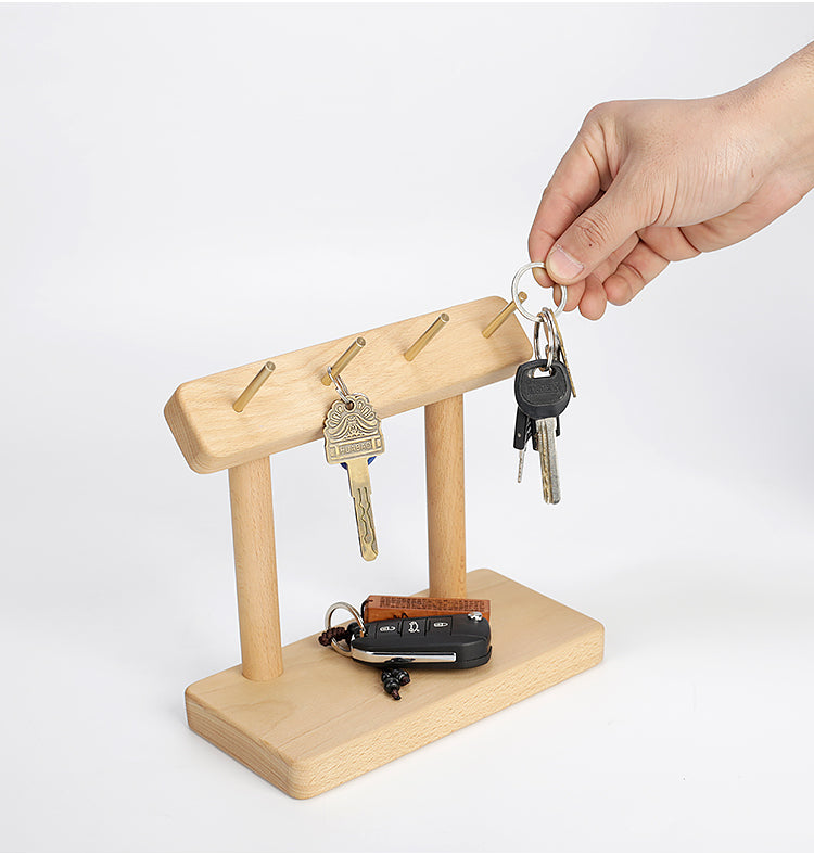 Modern Wooden Desk Organizer with Brass Hooks -  Shelf for Home & Office Storage
