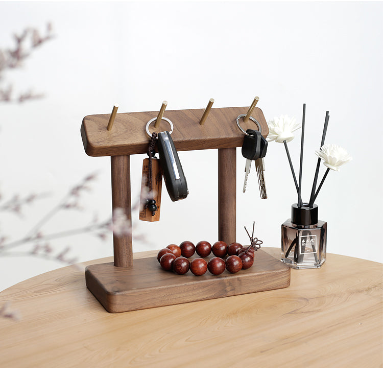 Modern Wooden Desk Organizer with Brass Hooks -  Shelf for Home & Office Storage