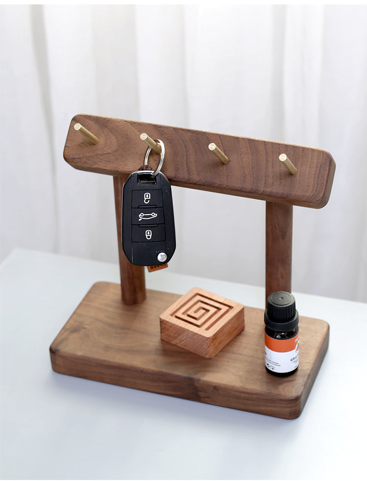 Modern Wooden Desk Organizer with Brass Hooks -  Shelf for Home & Office Storage