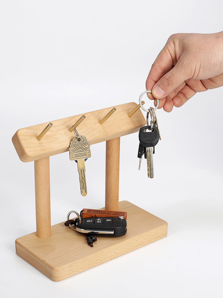 Modern Wooden Desk Organizer with Brass Hooks -  Shelf for Home & Office Storage