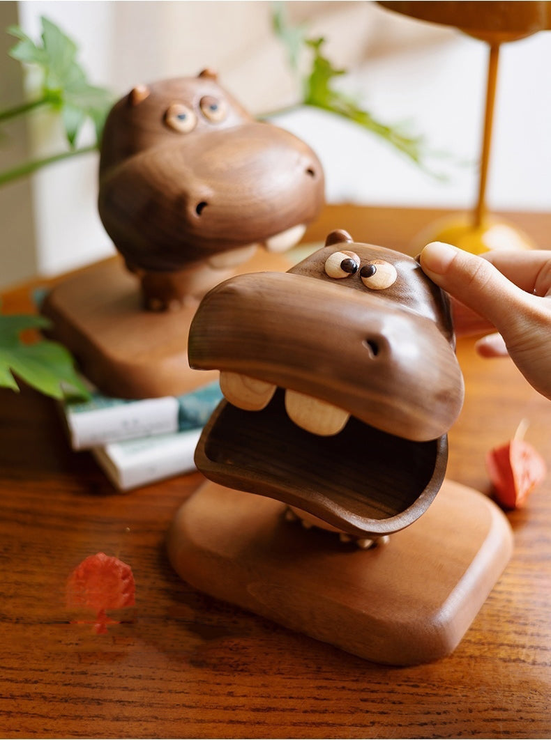 Mr. Hippo Walnut Jewelry Box - Elegant Wooden Trinket Tray , Desktop Decor & Gift
