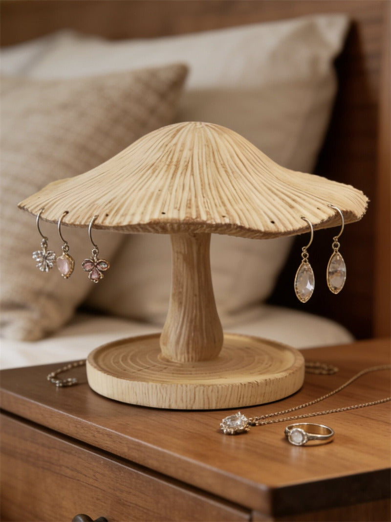 Mushroom Jewelry Display Stand, Red Spotted Cap Earring Hanger with Wood‑Grain Base Tray, Cute Vanity Decor Gift
