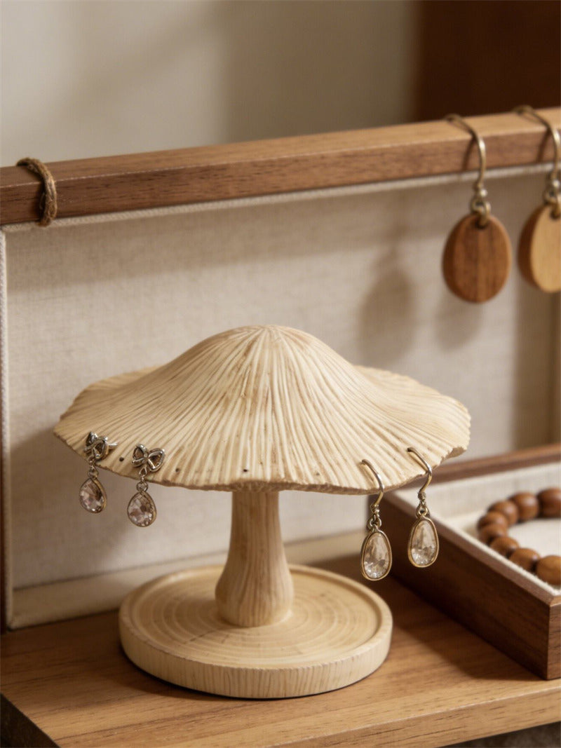 Mushroom Jewelry Display Stand, Red Spotted Cap Earring Hanger with Wood‑Grain Base Tray, Cute Vanity Decor Gift