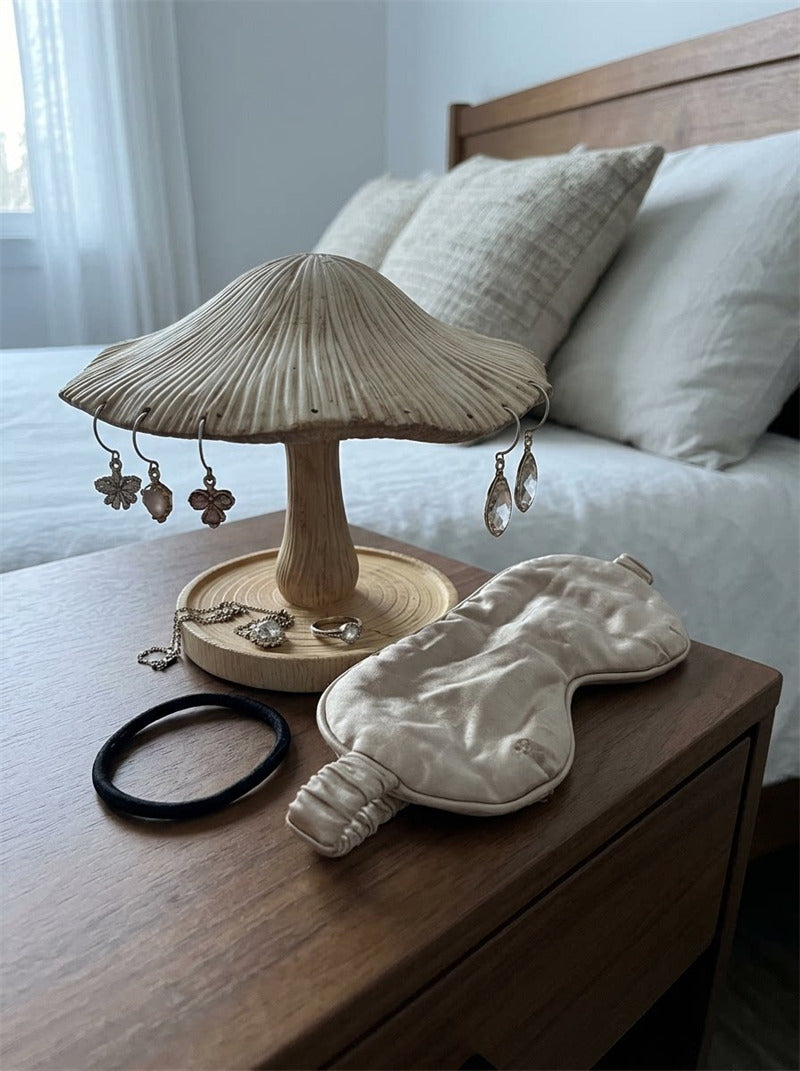 Mushroom Jewelry Display Stand, Red Spotted Cap Earring Hanger with Wood‑Grain Base Tray, Cute Vanity Decor Gift