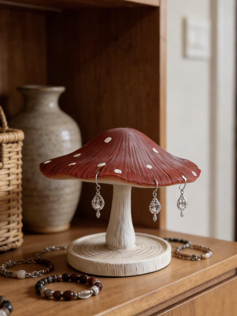 Mushroom Jewelry Display Stand, Red Spotted Cap Earring Hanger with Wood‑Grain Base Tray, Cute Vanity Decor Gift