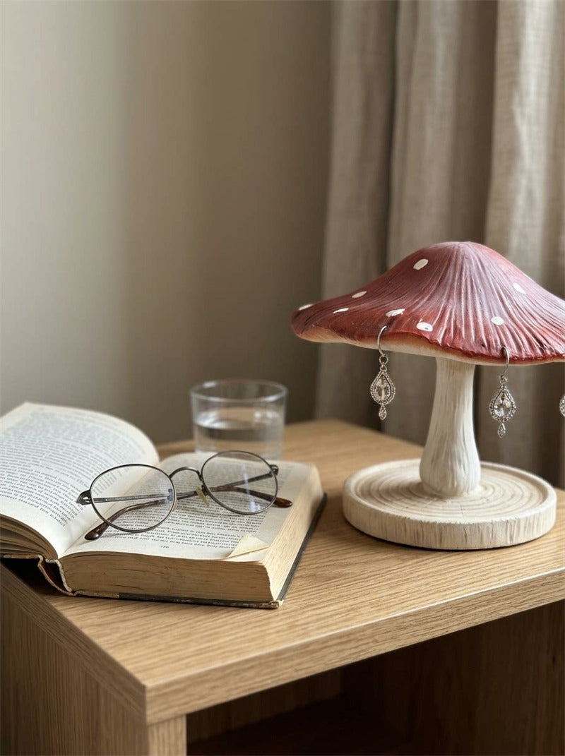 Mushroom Jewelry Display Stand, Red Spotted Cap Earring Hanger with Wood‑Grain Base Tray, Cute Vanity Decor Gift