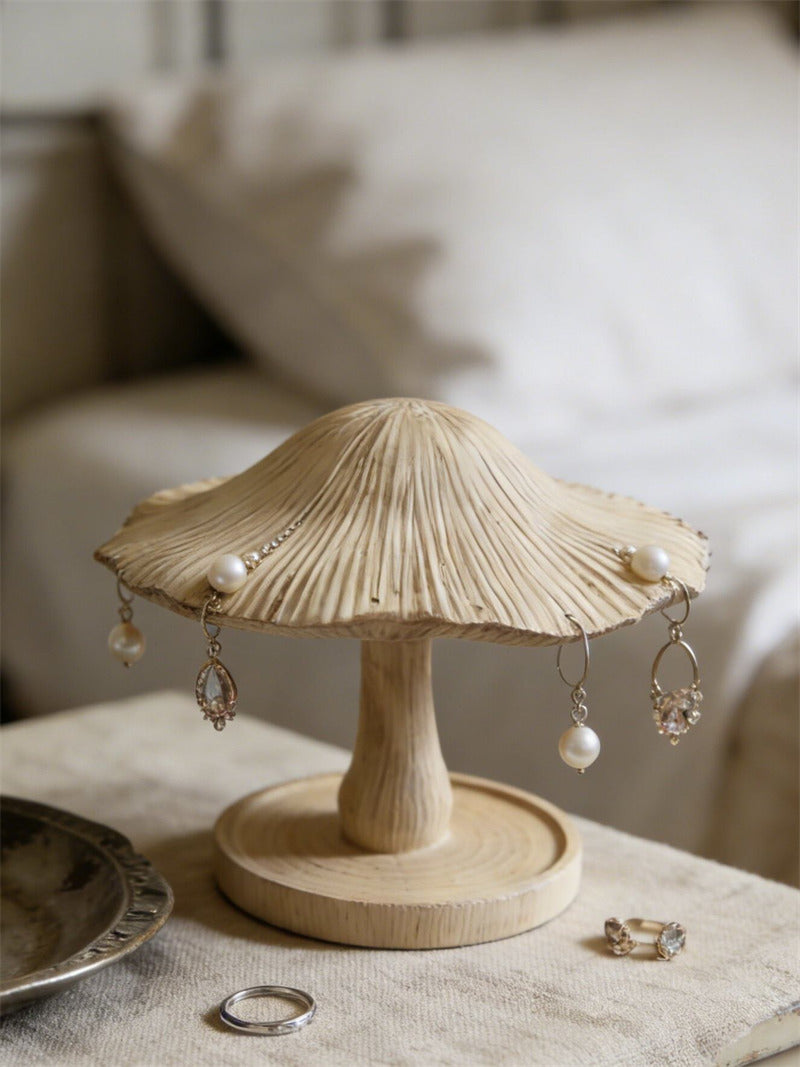 Mushroom Jewelry Display Stand, Red Spotted Cap Earring Hanger with Wood‑Grain Base Tray, Cute Vanity Decor Gift
