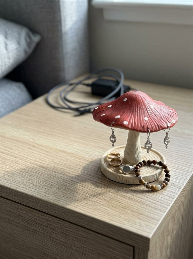 Mushroom Jewelry Display Stand, Red Spotted Cap Earring Hanger with Wood‑Grain Base Tray, Cute Vanity Decor Gift