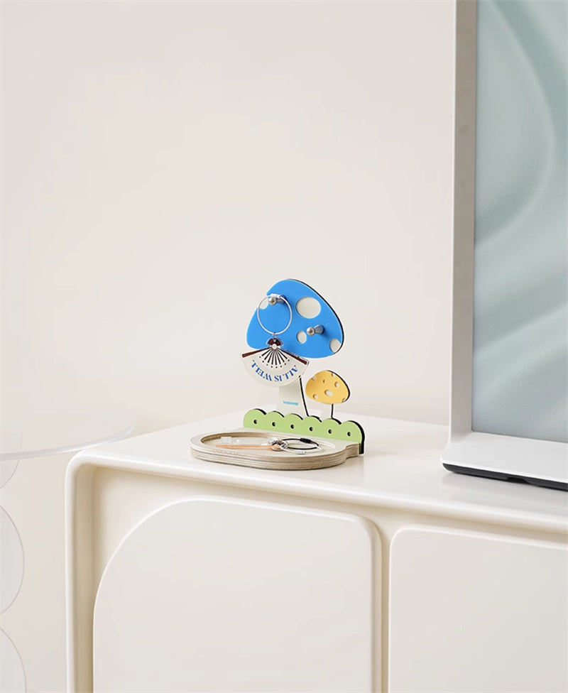 Mushroom Key Holder with Tray - Desktop Decor Organizer Shelf for Small Accessories