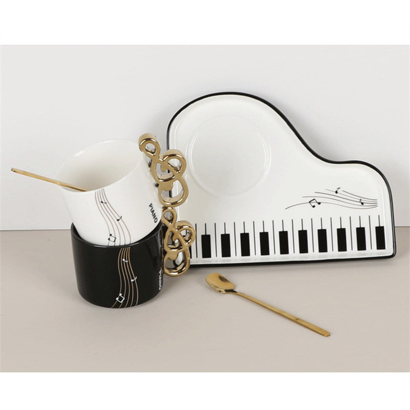 Musical Note Piano-Shaped Ceramic Coffee Mug Set - Creative Music-Themed Tea Cup with Saucer & Spoon