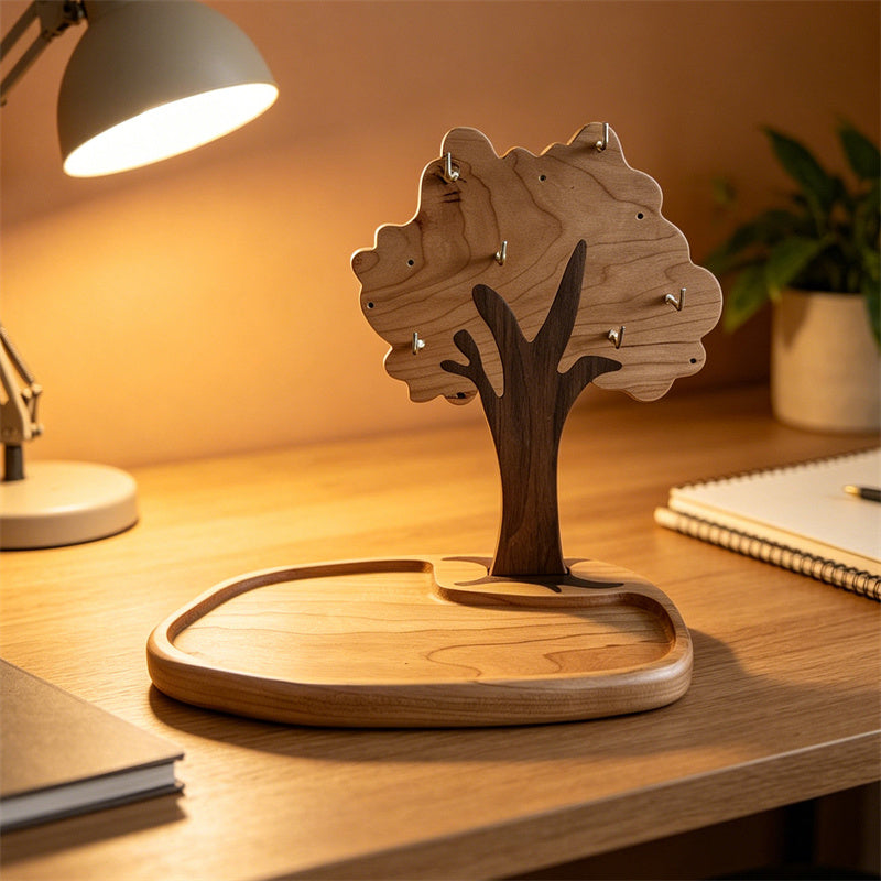 Natural Solid Wood Tree Jewelry Key Holder Stand&Tray with Multi Metal Hooks, Decorative Entryway Tabletop Organizer for Keys Bracelets Rings Coins Glasses