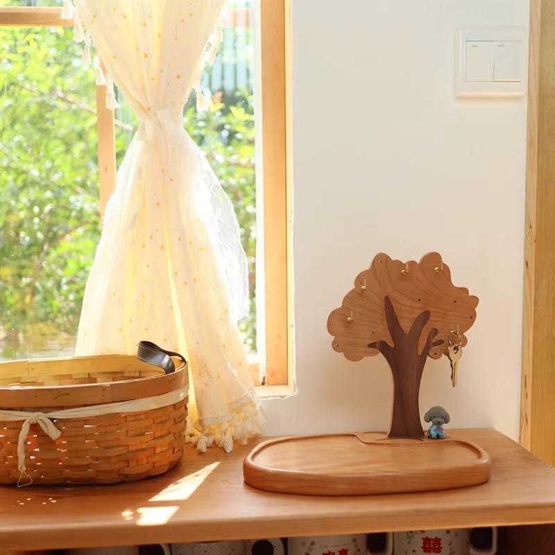 Natural Solid Wood Tree Jewelry Key Holder Stand&Tray with Multi Metal Hooks, Decorative Entryway Tabletop Organizer for Keys Bracelets Rings Coins Glasses