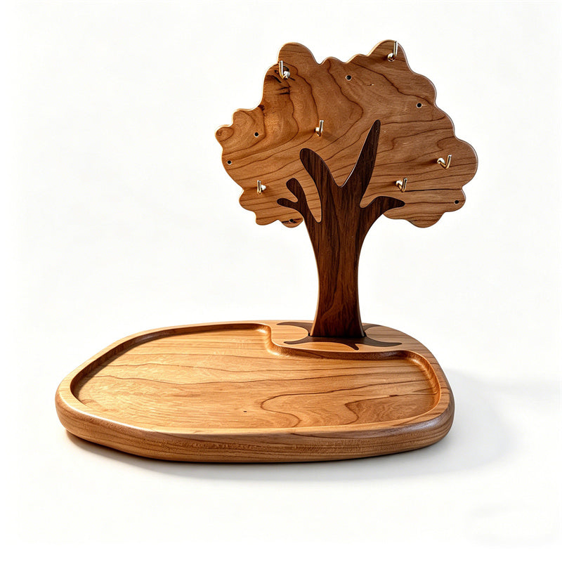 Natural Solid Wood Tree Jewelry Key Holder Stand&Tray with Multi Metal Hooks, Decorative Entryway Tabletop Organizer for Keys Bracelets Rings Coins Glasses