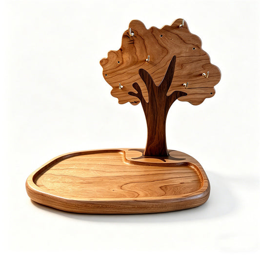 Natural Solid Wood Tree Jewelry Key Holder Stand&Tray with Multi Metal Hooks, Decorative Entryway Tabletop Organizer for Keys Bracelets Rings Coins Glasses