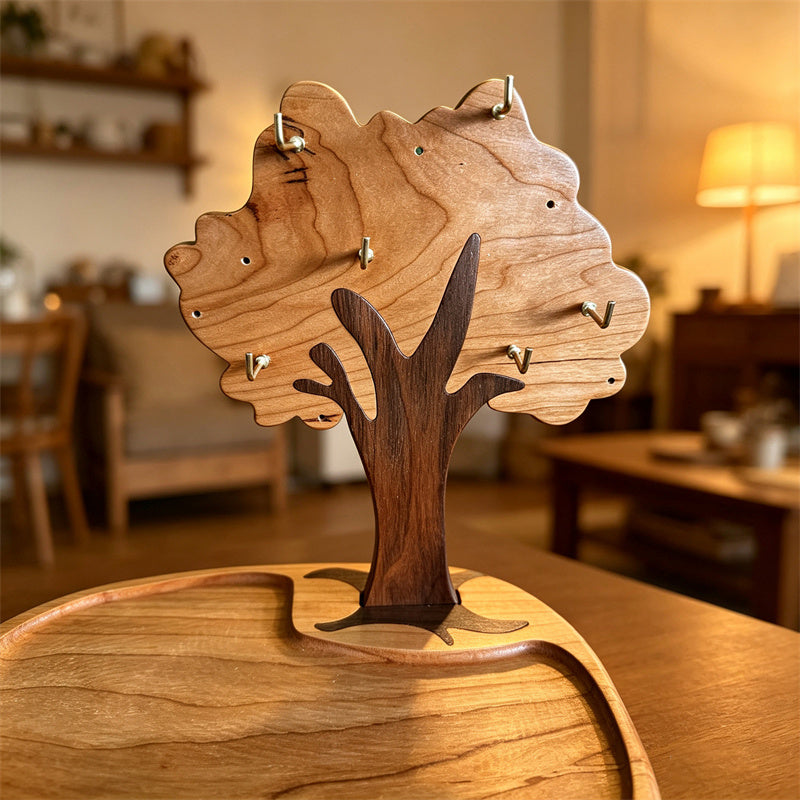 Natural Solid Wood Tree Jewelry Key Holder Stand&Tray with Multi Metal Hooks, Decorative Entryway Tabletop Organizer for Keys Bracelets Rings Coins Glasses