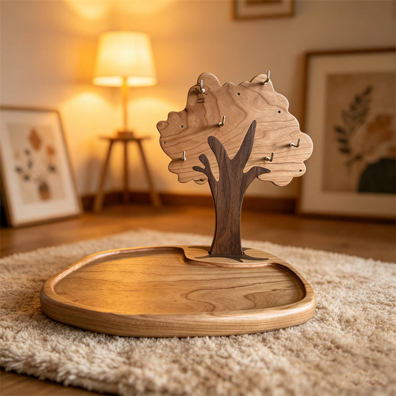 Natural Solid Wood Tree Jewelry Key Holder Stand&Tray with Multi Metal Hooks, Decorative Entryway Tabletop Organizer for Keys Bracelets Rings Coins Glasses