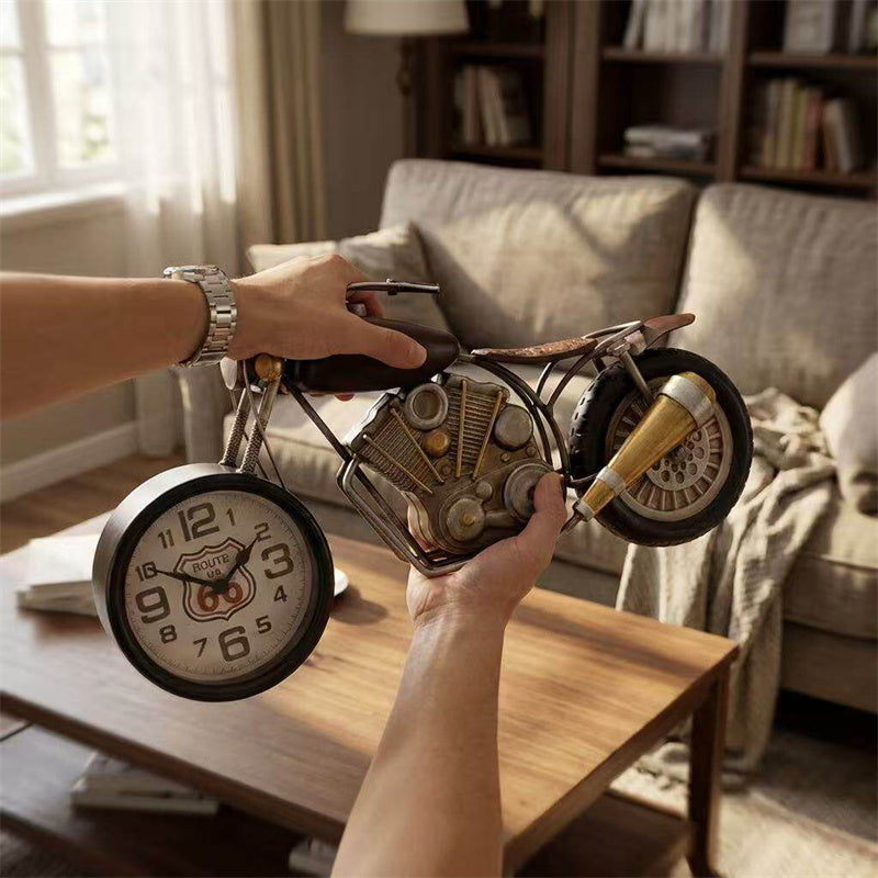 Nostalgic Retro Wrought Iron Motorcycle With Clock, Home And Office Decoration