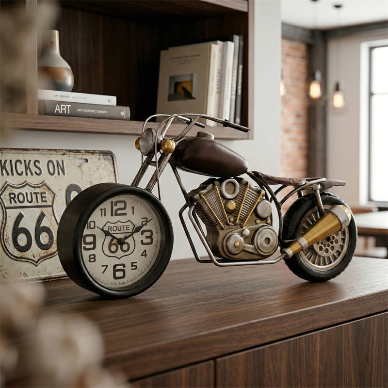 Nostalgic Retro Wrought Iron Motorcycle With Clock, Home And Office Decoration