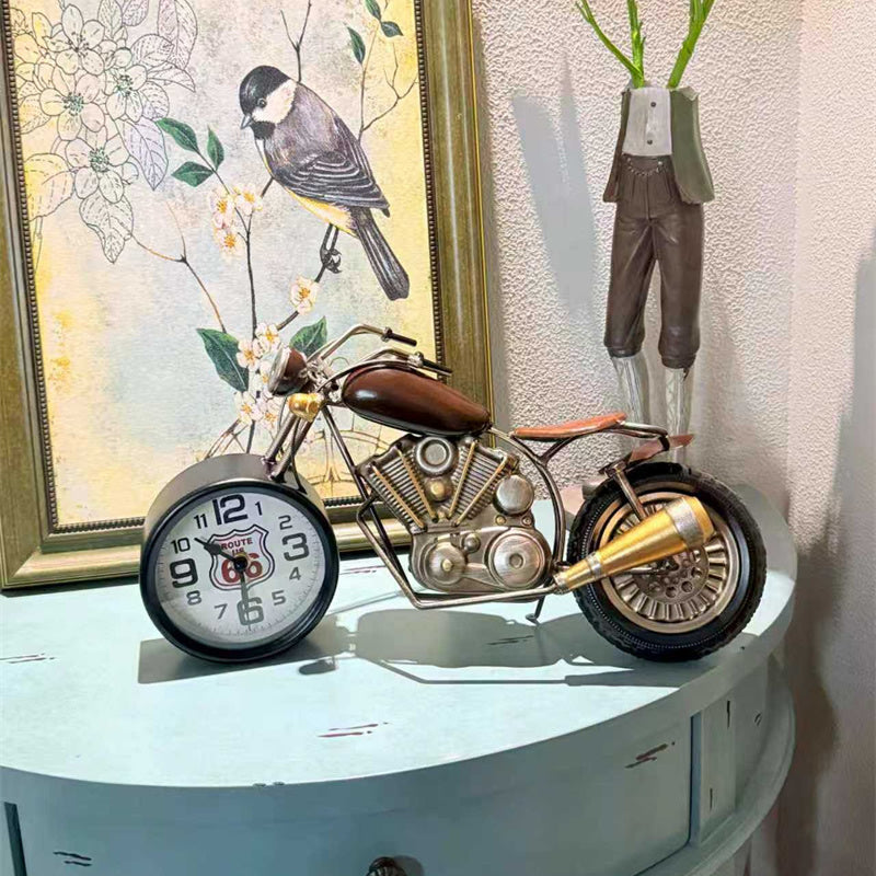 Nostalgic Retro Wrought Iron Motorcycle With Clock, Home And Office Decoration