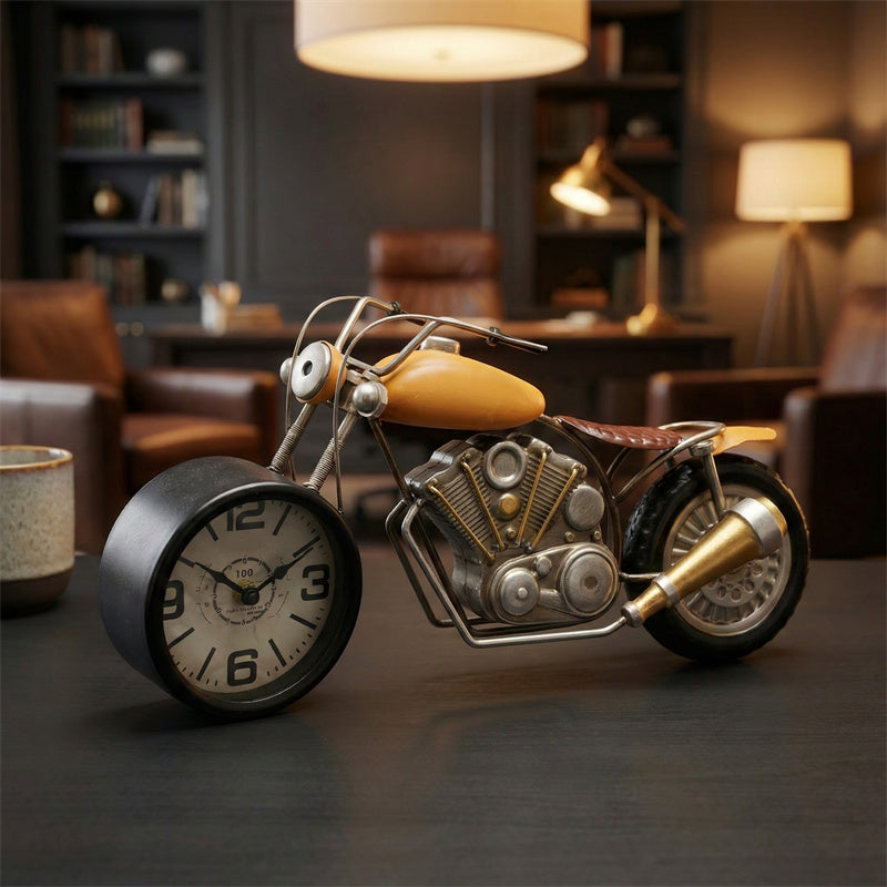 Nostalgic Retro Wrought Iron Motorcycle With Clock, Home And Office Decoration