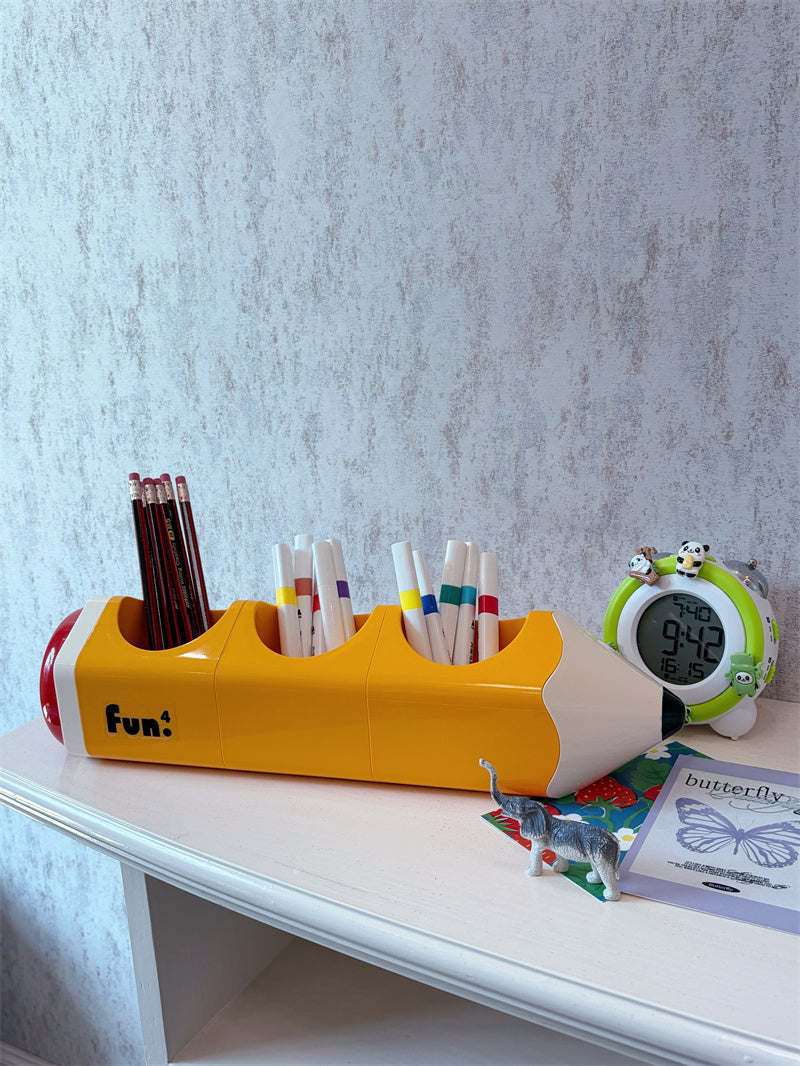 Novelty Giant Cartoon Pencil Shaped Glossy Plastic Multi-Grid Desk Organizer&Pen Holder, Cute Kawaii Student Kids Study Bedroom Office Desk Decor