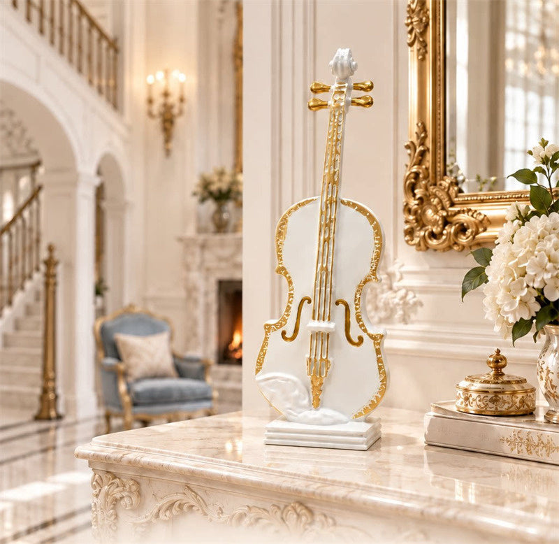 Ornate golden‑trim violin figurine, musical instrument sculpture, classic music‑themed resin ornament