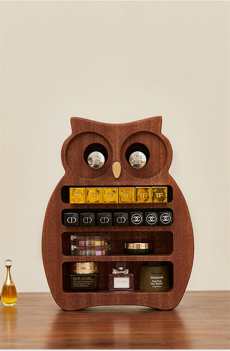 Owl-Shaped Wooden Makeup Organizer - Multi-Compartment Vanity Storage Holder for Cosmetics, Lipsticks & Small Desk Items
