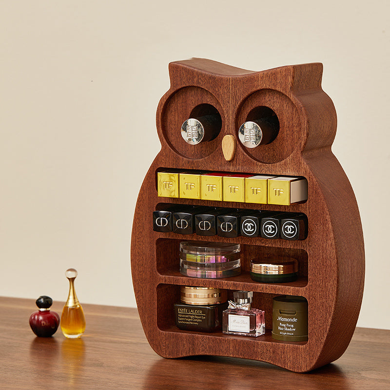 Owl-Shaped Wooden Makeup Organizer - Multi-Compartment Vanity Storage Holder for Cosmetics, Lipsticks & Small Desk Items
