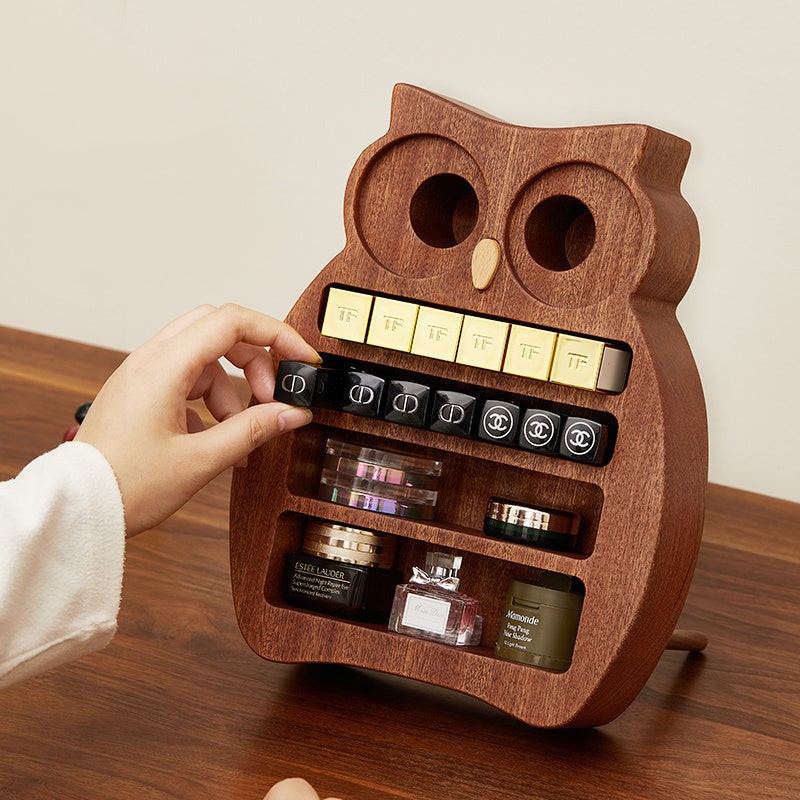 Owl-Shaped Wooden Makeup Organizer - Multi-Compartment Vanity Storage Holder for Cosmetics, Lipsticks & Small Desk Items