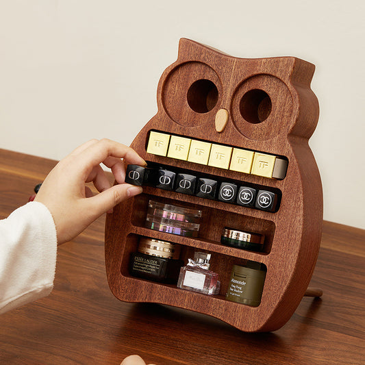 Owl-Shaped Wooden Makeup Organizer - Multi-Compartment Vanity Storage Holder for Cosmetics, Lipsticks & Small Desk Items