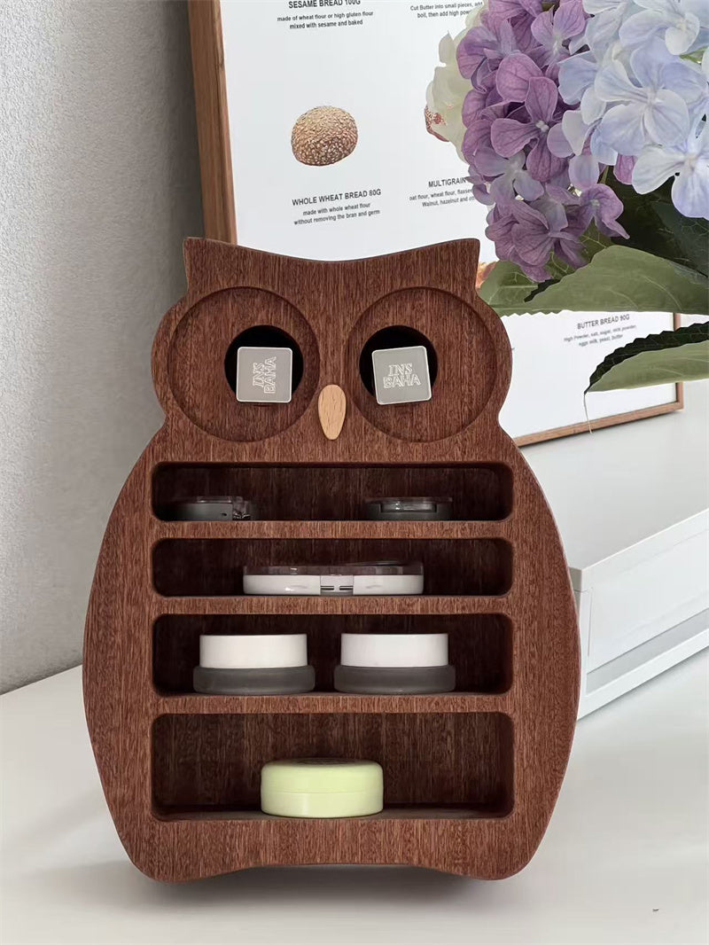 Owl-Shaped Wooden Makeup Organizer - Multi-Compartment Vanity Storage Holder for Cosmetics, Lipsticks & Small Desk Items