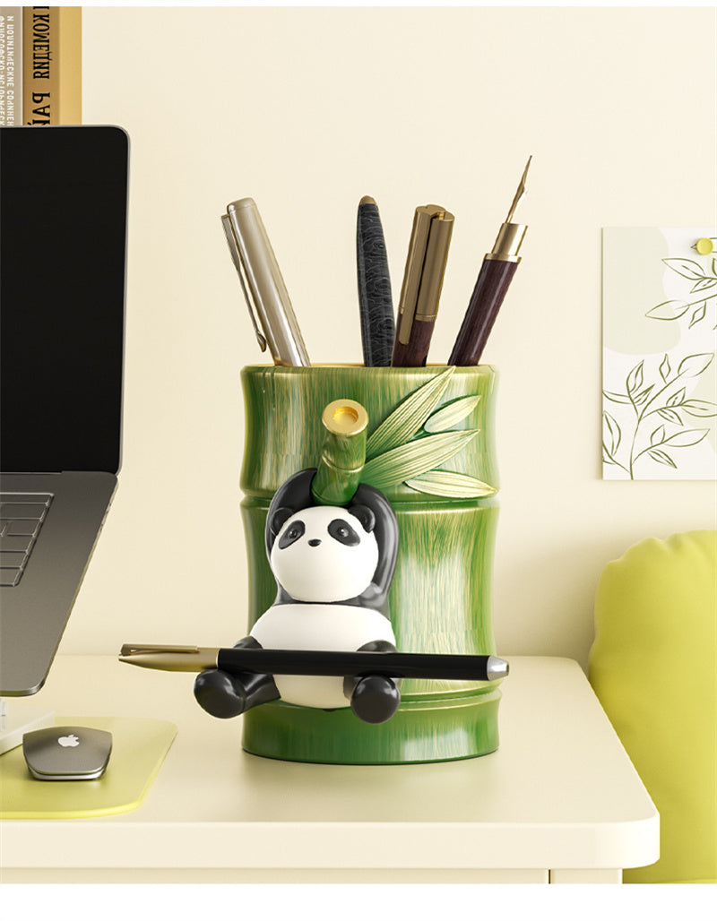 Panda Hanging on Bamboo Pen Holder - Fun and Functional Desk Organizer