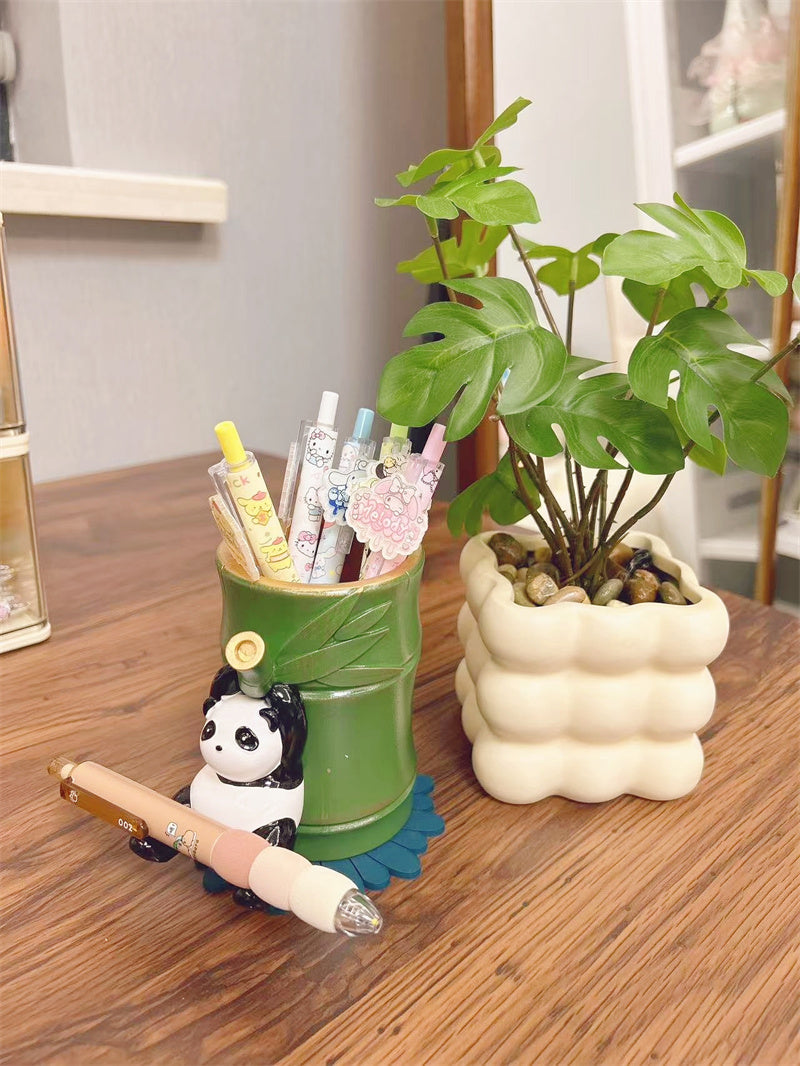 Panda Hanging on Bamboo Pen Holder - Fun and Functional Desk Organizer