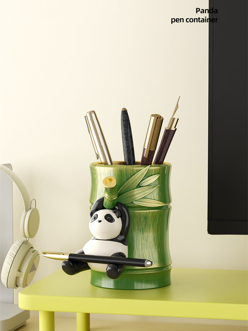 Panda Hanging on Bamboo Pen Holder - Fun and Functional Desk Organizer
