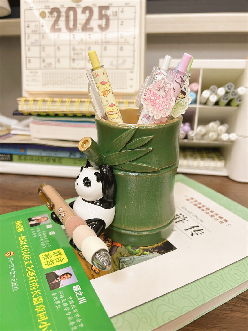 Panda Hanging on Bamboo Pen Holder - Fun and Functional Desk Organizer