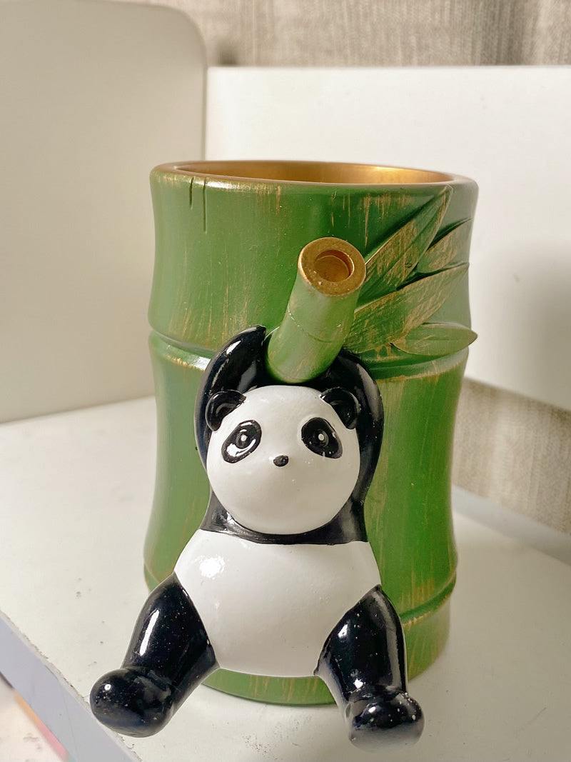 Panda Hanging on Bamboo Pen Holder - Fun and Functional Desk Organizer