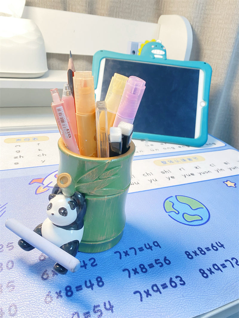 Panda Hanging on Bamboo Pen Holder - Fun and Functional Desk Organizer