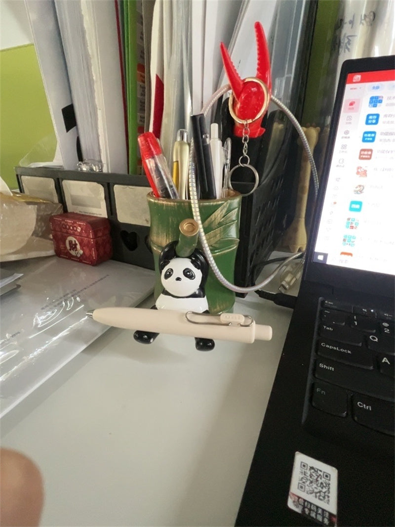 Panda Hanging on Bamboo Pen Holder - Fun and Functional Desk Organizer