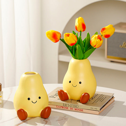 Pear - Shaped Ceramic Vase , Cute Smiling Face Flower Holder for Home Decor