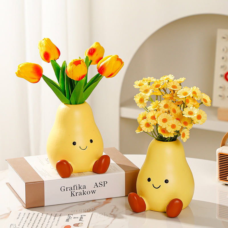 Pear - Shaped Ceramic Vase , Cute Smiling Face Flower Holder for Home Decor
