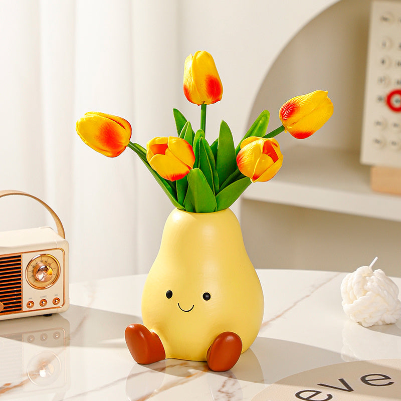 Pear - Shaped Ceramic Vase , Cute Smiling Face Flower Holder for Home Decor