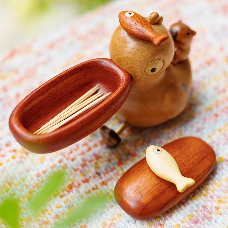 Pelican-Shaped Wood Large Mouth Toothpick Holder  & Small Storage Box for Kitchen Dining Table