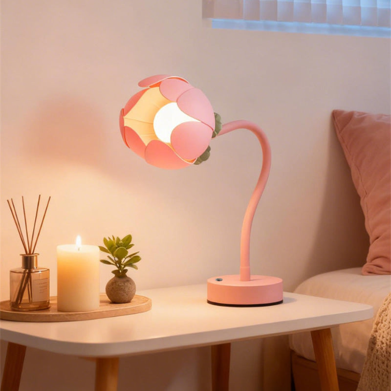 Pink Flower USB Rechargeable Table Lamp, Flexible Gooseneck Floral Night Light for Bedroom Decor