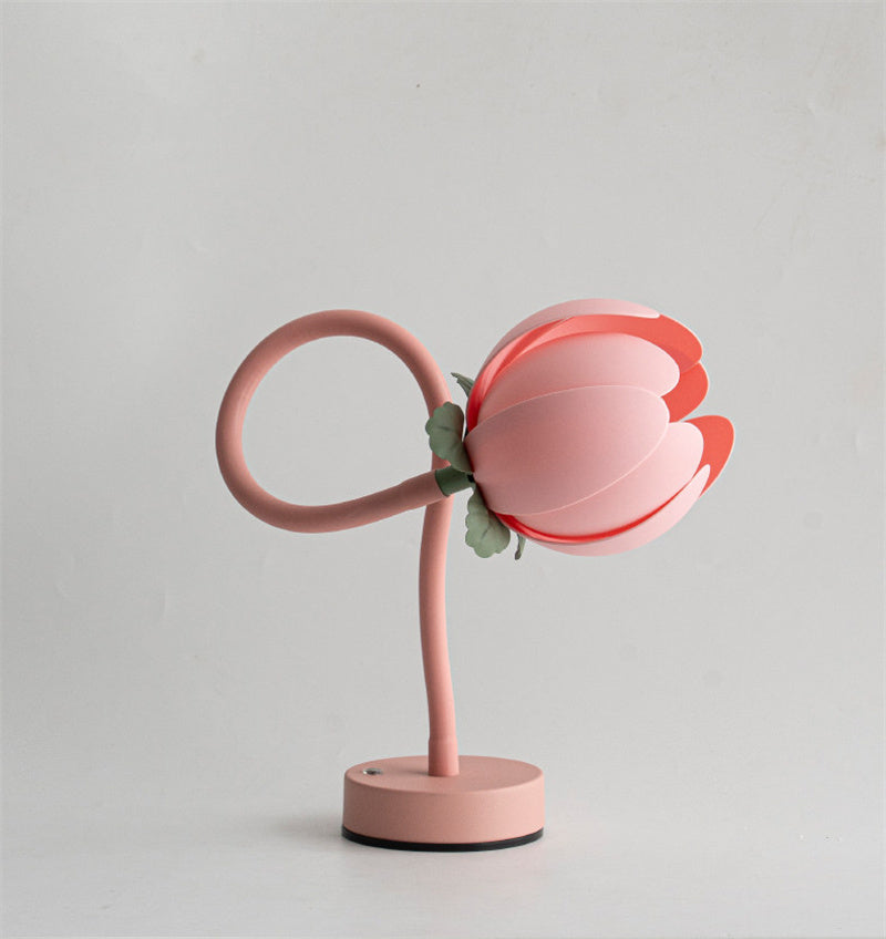 Pink Flower USB Rechargeable Table Lamp, Flexible Gooseneck Floral Night Light for Bedroom Decor