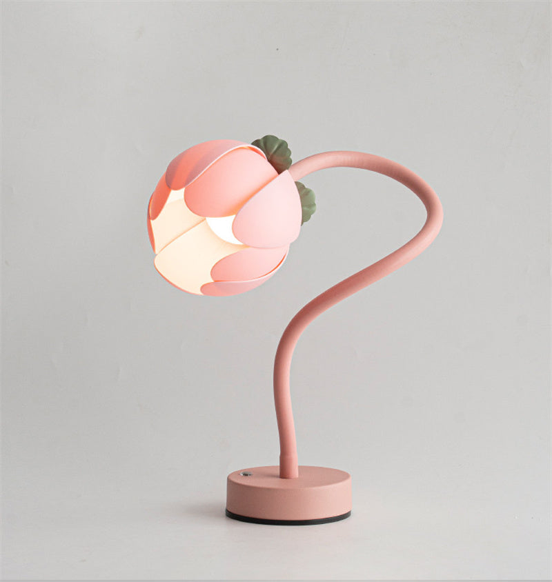 Pink Flower USB Rechargeable Table Lamp, Flexible Gooseneck Floral Night Light for Bedroom Decor