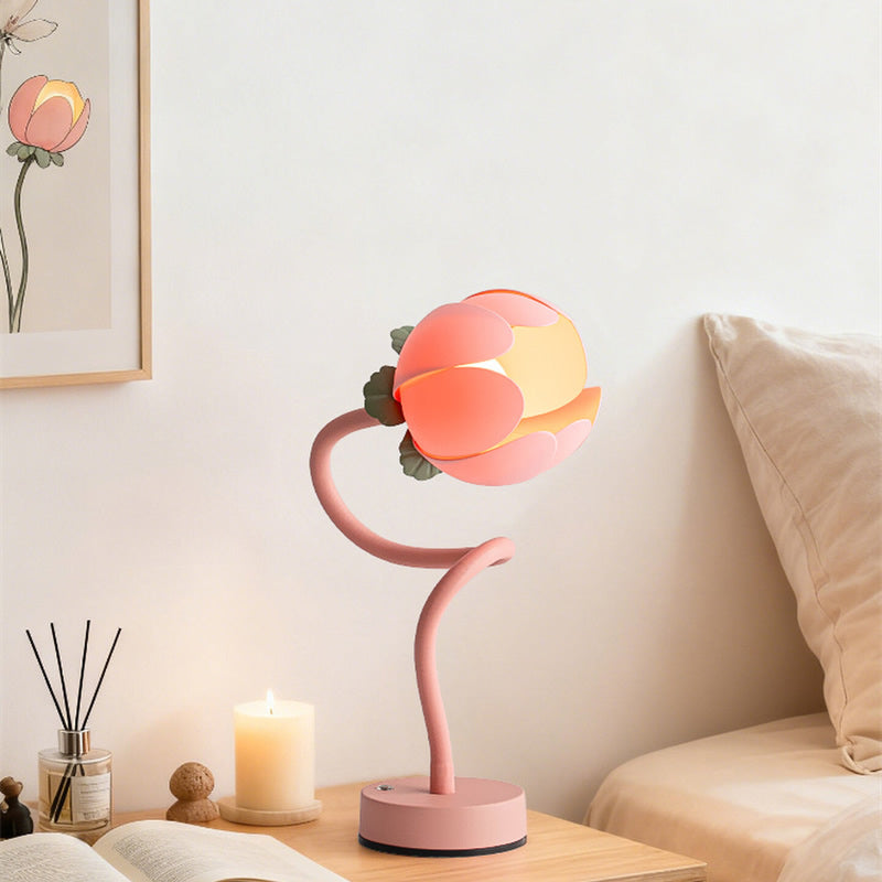 Pink Flower USB Rechargeable Table Lamp, Flexible Gooseneck Floral Night Light for Bedroom Decor